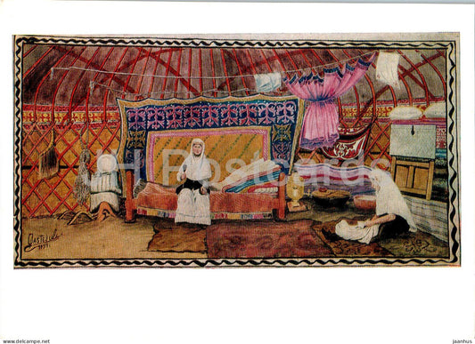 painting by A. Kasteev - In Yurta - Kazakhstan art - 1975 - Russia USSR - unused - JH Postcards