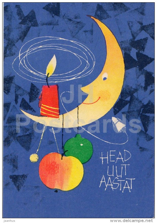 New Year Greeting card - 1 - candle - moon - apple - 1967 - Estonia USSR - used - JH Postcards