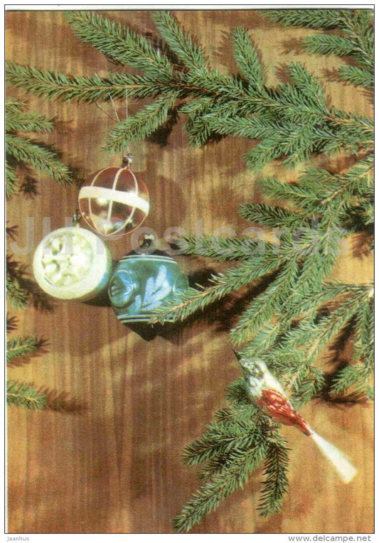 New Year greeting card - decorations - fir tree - Russia USSR - used - JH Postcards