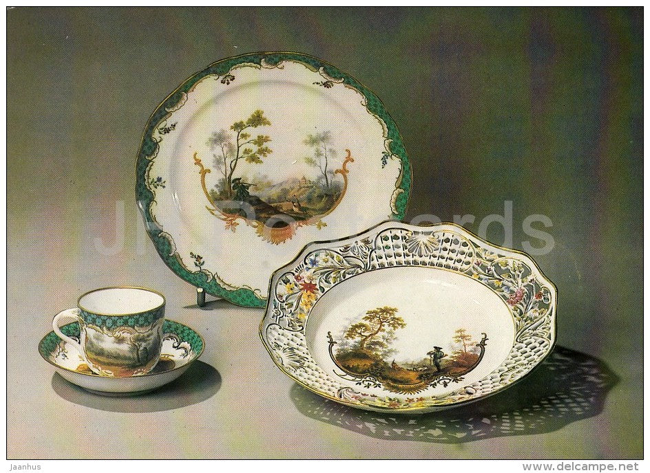 Plate , Biscuit-Dish , Cup and Saucer - Russian porcelain of 18.-19. century - 1984 - Russia USSR - unused - JH Postcards