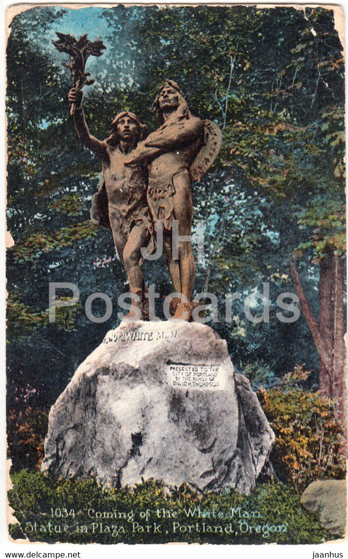 Portland - Coming of the White Man Statue in Plaza Park - Oregon - 1034 - old postcard - 1920 - United States USA - used - JH Postcards