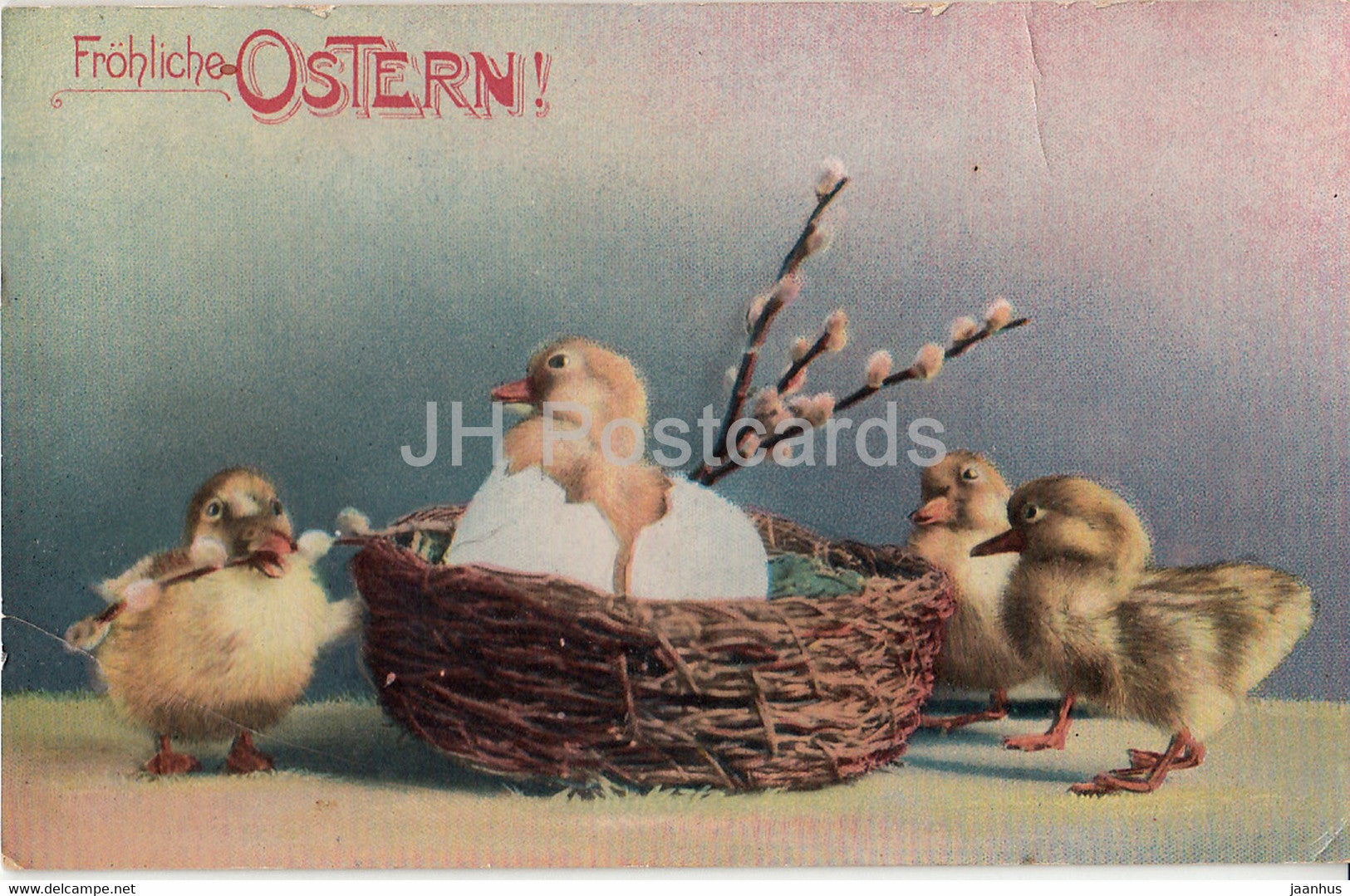Easter Greeting Card - Frohliche Ostern - duckling - Serie 1992 - old postcard - 1914 - Germany - used - JH Postcards