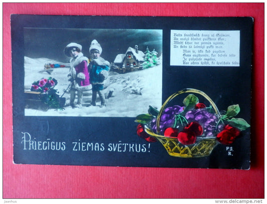 christmas greeting card - children - flowers - poem - P.S.R. - circulated in Latvia Riga 1927 - JH Postcards