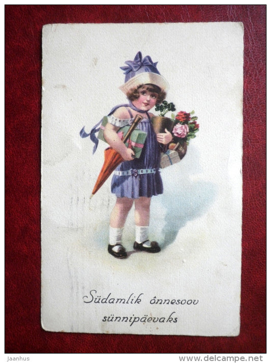Birthday Greeting Card - girl with gifts - flowers - umbrella - NPG 8241 - circulated in 1932 - Estonia - used - JH Postcards