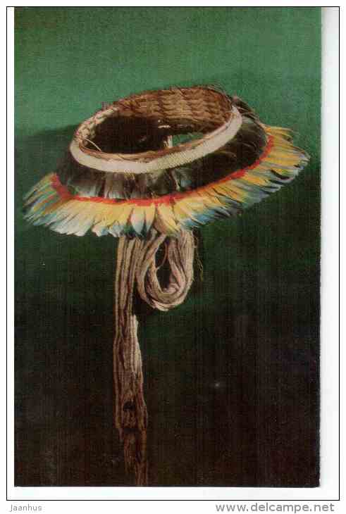 head-dress - parrot feathers , Makushi - 20th century Brazil - 1972 - Russia USSR - unused - JH Postcards