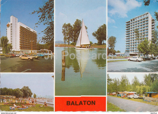 Greetings from lake Balaton - hotel - sailing boat - camping - cars - multiview - Hungary - used - JH Postcards