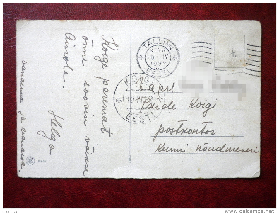 Birthday Greeting Card - girl with gifts - flowers - umbrella - NPG 8241 - circulated in 1932 - Estonia - used - JH Postcards