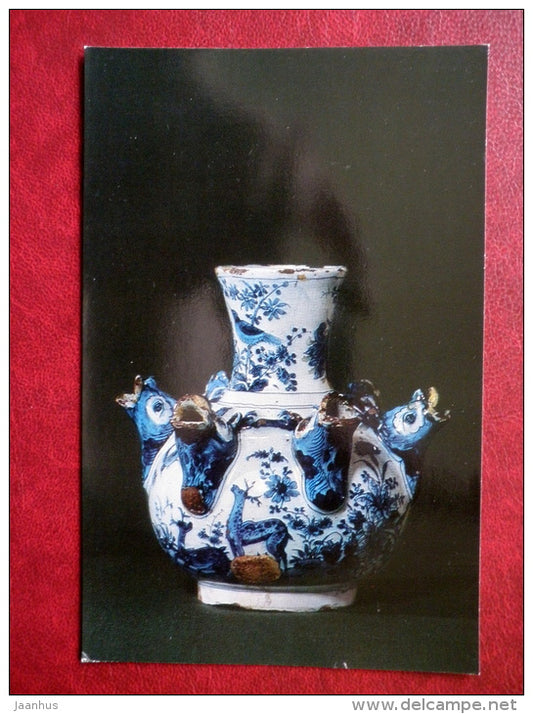 Vase with flowering shrubs, animals and birds by Adrianus Kocks - Faience - Delftware - 1974 - Russia USSR - unused - JH Postcards