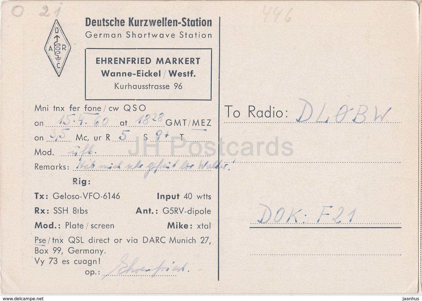 Wanne-Eickel City - tram - car Volkswagen - QSL card - Deutsche Kurzwellen-Station - 1960 - Germany - used