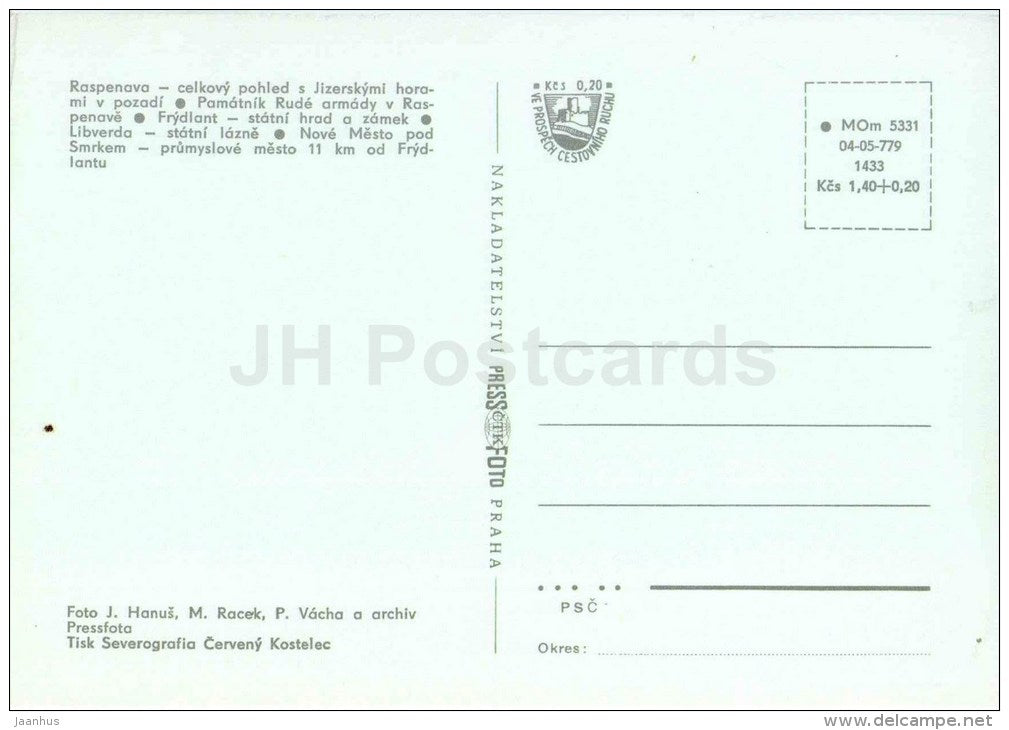 Raspenava - monument to Red Army - Frydlant castle - Libverda State Spa - Nove Mesto - Czech - Czechoslovakia - unused - JH Postcards