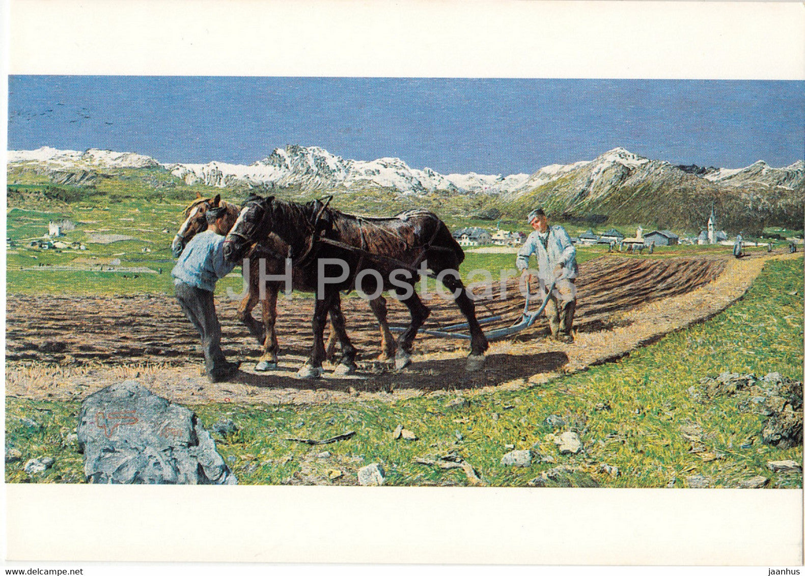 painting by Giovanni Segantini - Das Pflugen - The Plow - horse - Italian art - Germany - unused - JH Postcards