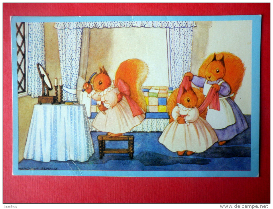 illustration by Margaret Tempest - Dressing for the Party - squirrel - Pk 96 - England - circulated in Finland - JH Postcards