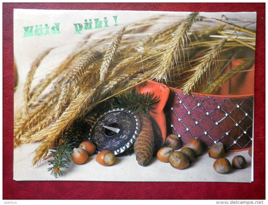 New Year Greeting card - cones - nuts - silver brooch - 1990 - Estonia USSR - used - JH Postcards