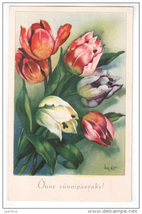 birthday greeting card - tulips - flowers - old postcard - Estonia - unused - JH Postcards