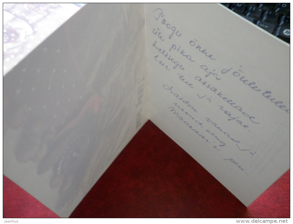 New Year Greeting card - cones - nuts - silver brooch - 1990 - Estonia USSR - used - JH Postcards