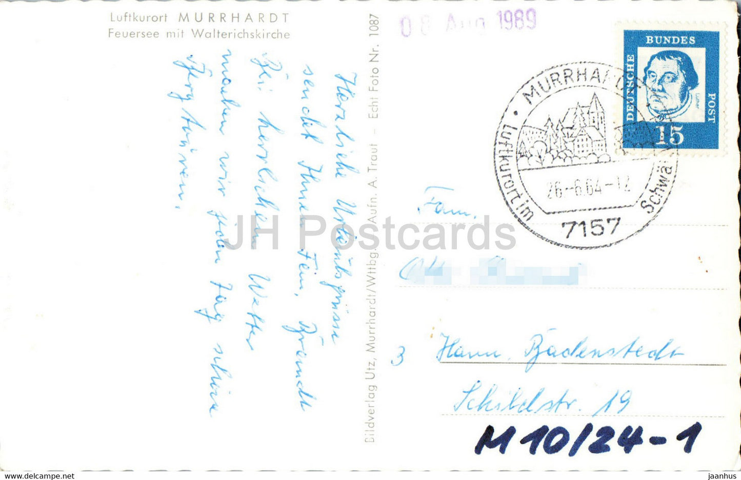 Luftkurort Murrhardt - Feuersee mit Walterichskirche - Vögel - Schwan - alte Postkarte - 1964 - Deutschland - gebraucht