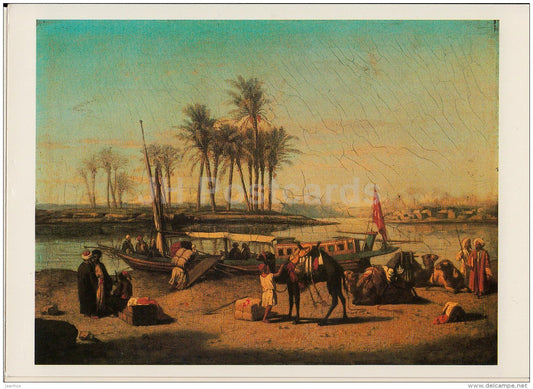 painting by Prosper Marilhat - Bank of a Nile river - camel - boat - French art - 1983 - Russia USSR - unused - JH Postcards