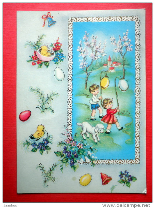 Easter Greeting Card - children - dog - bell - egg - 4599/4 - Finland - circulated in Finland - JH Postcards