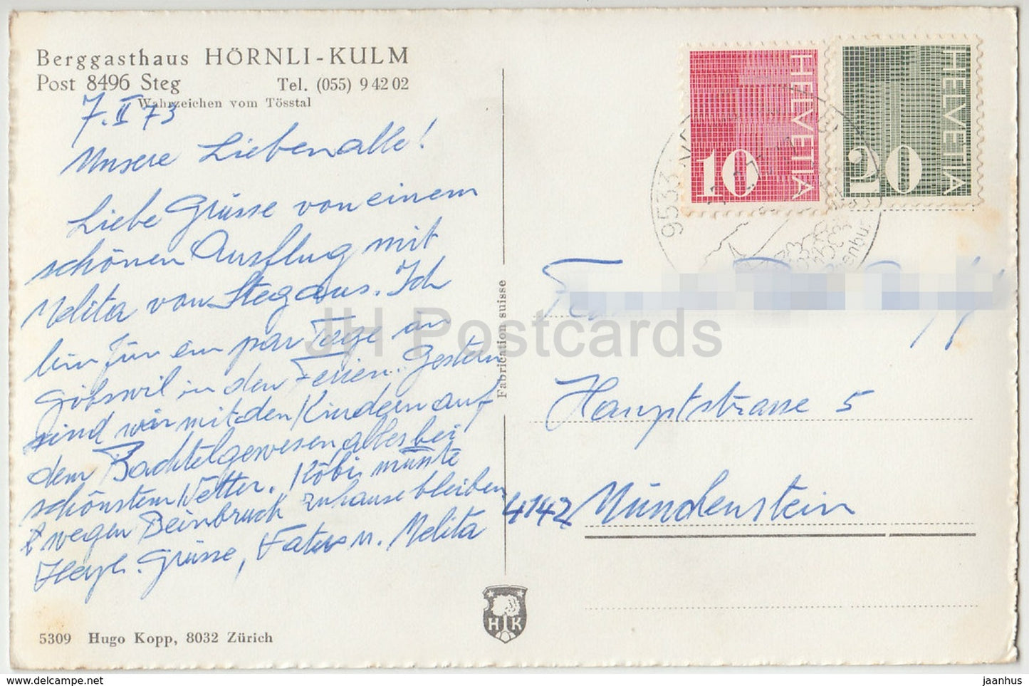 Blick vom Hornli-Kulm 1137 m ins Tosstal mit Alpen - Berggasthaus - 5309 - Suisse - 1973 - utilisé