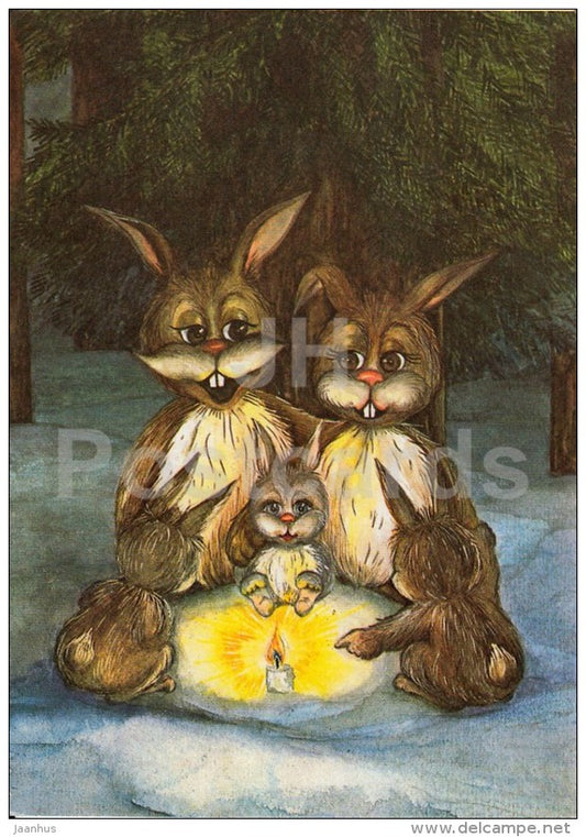 New Year Greeting Card by A. Arus - 1 - hare - candle - 1990 - Estonia USSR - used - JH Postcards