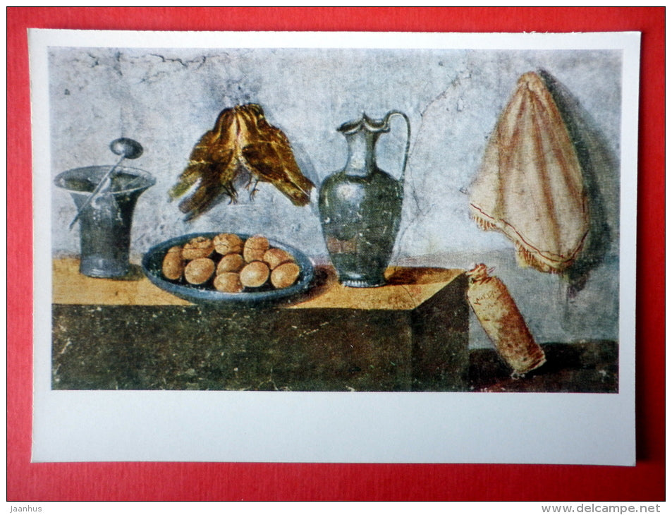 Still Life with Jar , I century AD - birds - Pompeii Frescoes - Ancient Rome Art - 1967 - USSR Russia - unused - JH Postcards