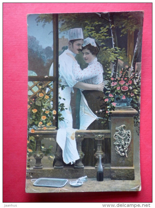man and woman - couple - cook - waitress - 619/II - circulated in Estonia - JH Postcards