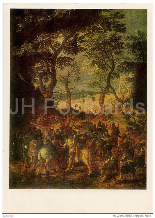 painting by Sebastiaen Vrancx - Landsknechts in a Forest - horse - Flemish art - Russia USSR - 1984 - unused - JH Postcards