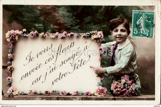 Greeting Card - Je vous envoie ces fleurs - boy - flowers - 372 - old postcard - 1910 - France - used - JH Postcards