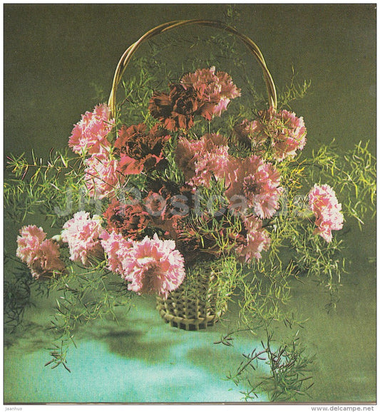 mini Birthday Greeting card - carnations in the basket - 1988 - Latvia USSR - unused - JH Postcards