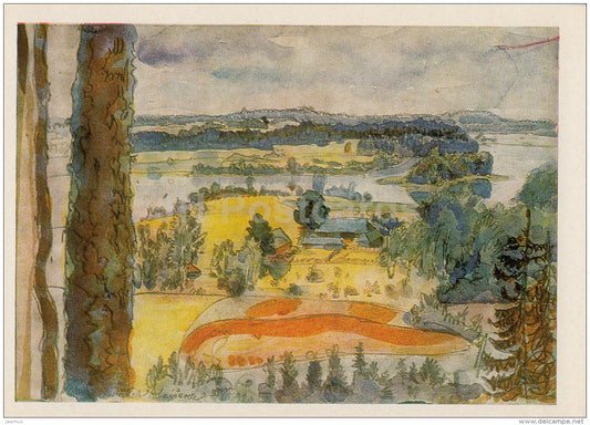 painting by E. Viiralt - View of lake Pühajärv from Hobusemägi , 1920s - Estonian art - 1983 - Estonia USSR - unused - JH Postcards