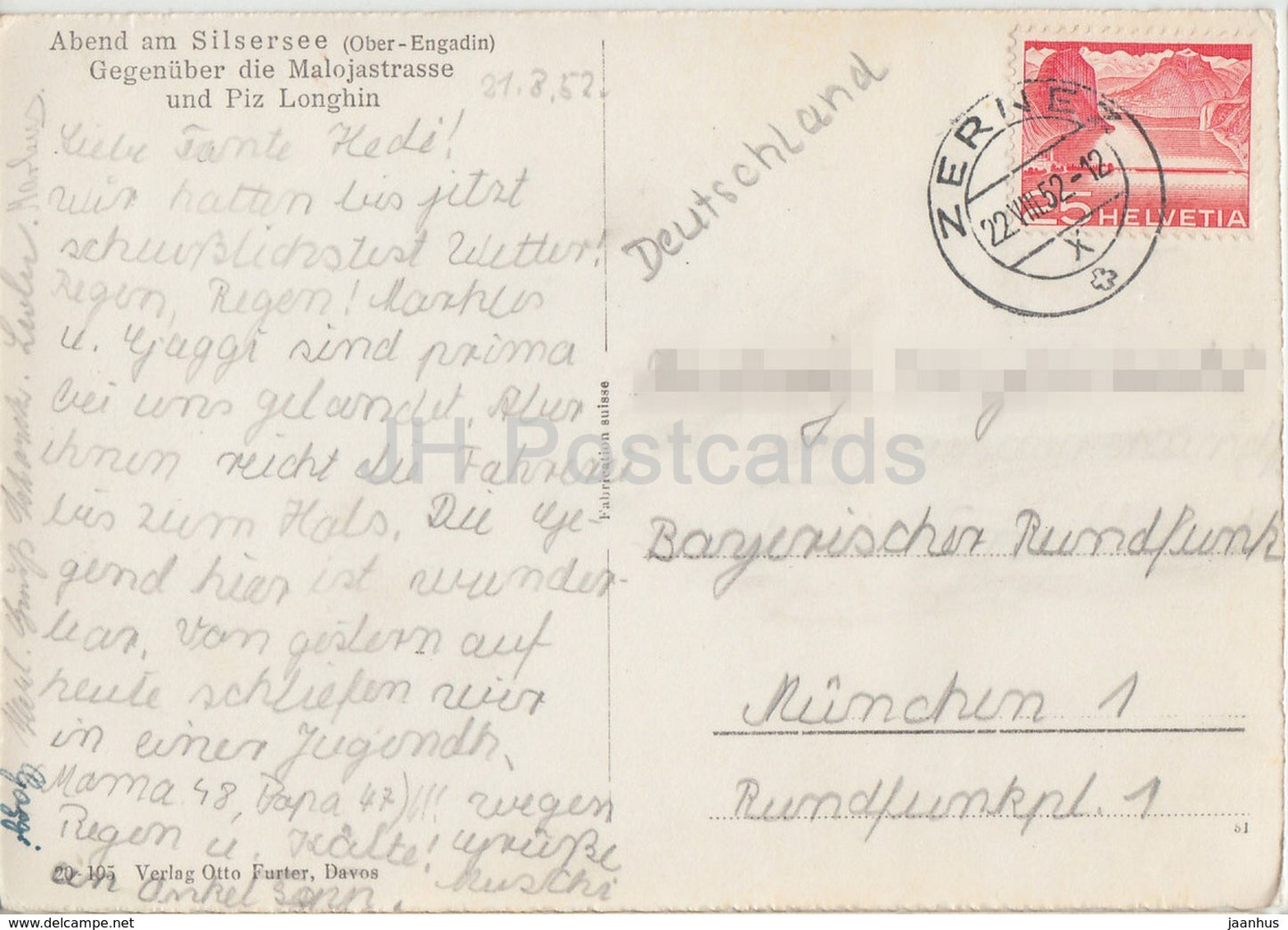 Abend am Silsersee - Gegenuber die Malojastrasse und Piz Longhin - 1952 - Switzerland - used