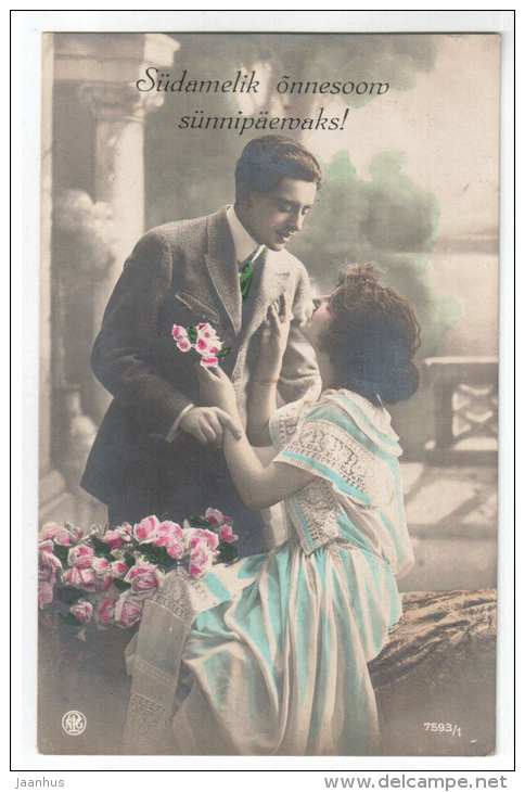 birthday greeting card - flowers - couple - NPG 7593/1 - old postcard - circulated in Estonia - used - JH Postcards