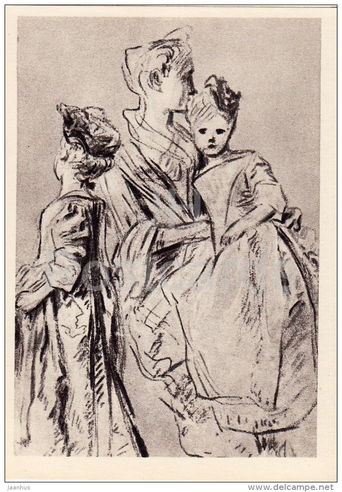 drawing by Jean-Antoine Watteau - Mother with Children - French art - 1963 - Russia USSR - unused - JH Postcards