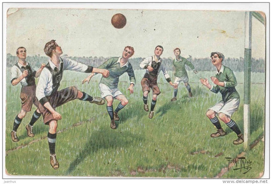 illustration by Arthur Thiele - playing football - goalkeeper - T.S.N. Serie 1683 - circulated in Estonia Tallinn 1924 - JH Postcards