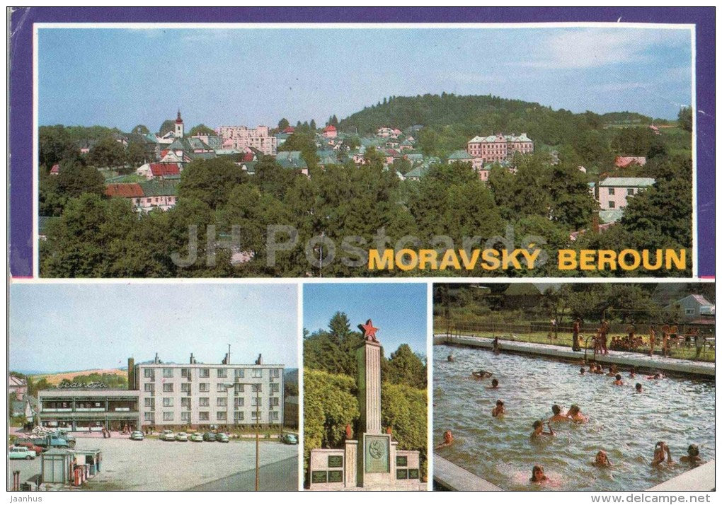 Moravsky Beroun - 9. May square - Red army monument - swimming pool - Czechoslovakia - Czech - used 1989 - JH Postcards