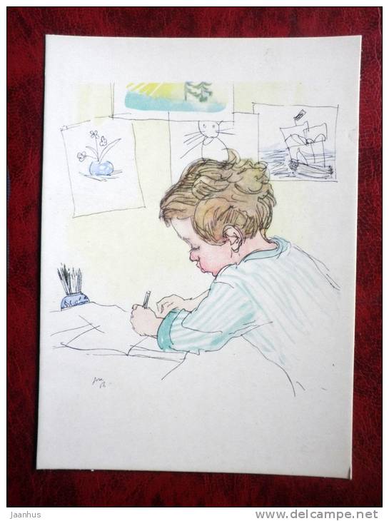 painting by N. N. Zhukov - working morning - boy - drawing - russian art - unused - JH Postcards