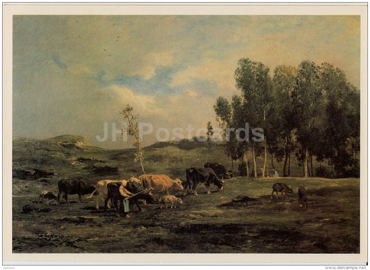 painting by Charles Jacque - Cowgirl with a herd in a field - cow - French art - 1983 - Russia USSR - unused - JH Postcards