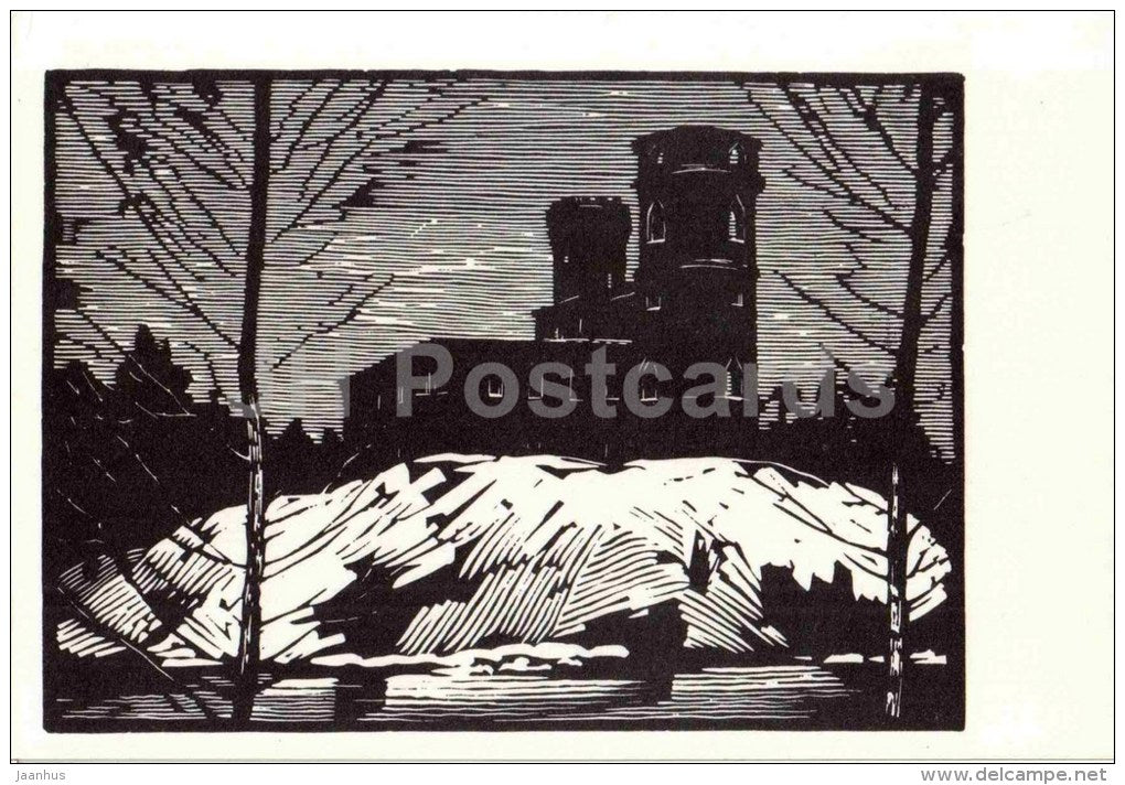 engraving by. A. Ushin - Bip castle - Pavlovsk Park - 1969 - Russia USSR - unused - JH Postcards