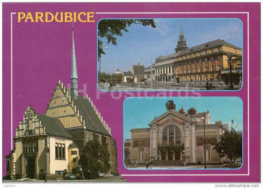 Pardubice - Republic square - East Bohemian Theatre - Church of St. Bartholomew - Czech - used 1997 - JH Postcards