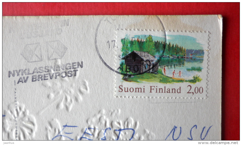 illustration - hare - bunny - rabbit - embossed - 4606/4 - Finland - sent from Finland Turku to Estonia USSR 1984 - JH Postcards