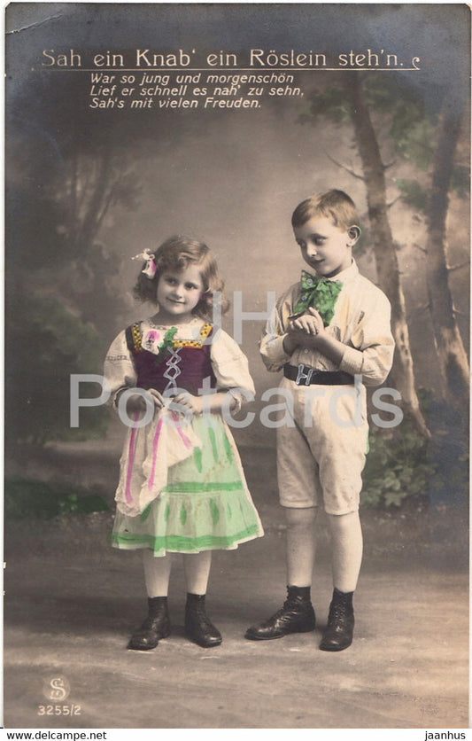 Sah ein Knab ein Roslein steh'n - boy and girl - folk costumes - 3255/2 - old postcard - 1913 - Germany - used - JH Postcards