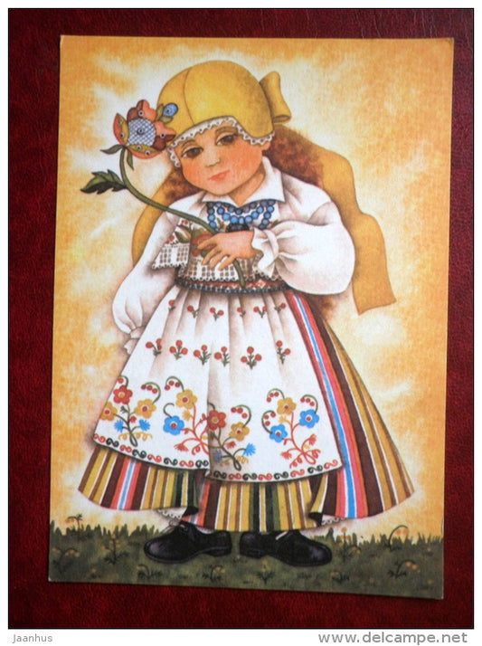 New Year Greeting card - by V. Noor - girl in folk costumes - 1988 - Estonia USSR - used - JH Postcards