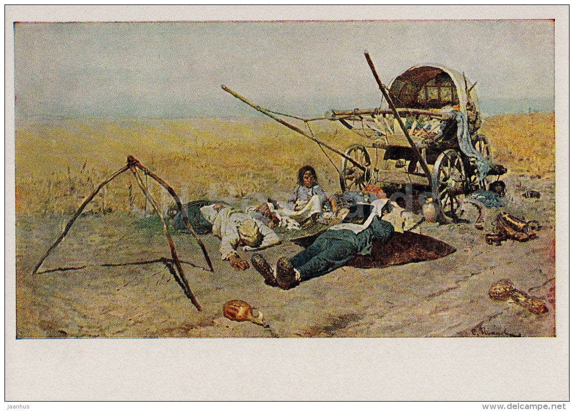 painting by S. Ivanov - On the Road . Death of a Migrant , 1889 - carriage - Russian Art - 1963 - Russia USSR - unused - JH Postcards