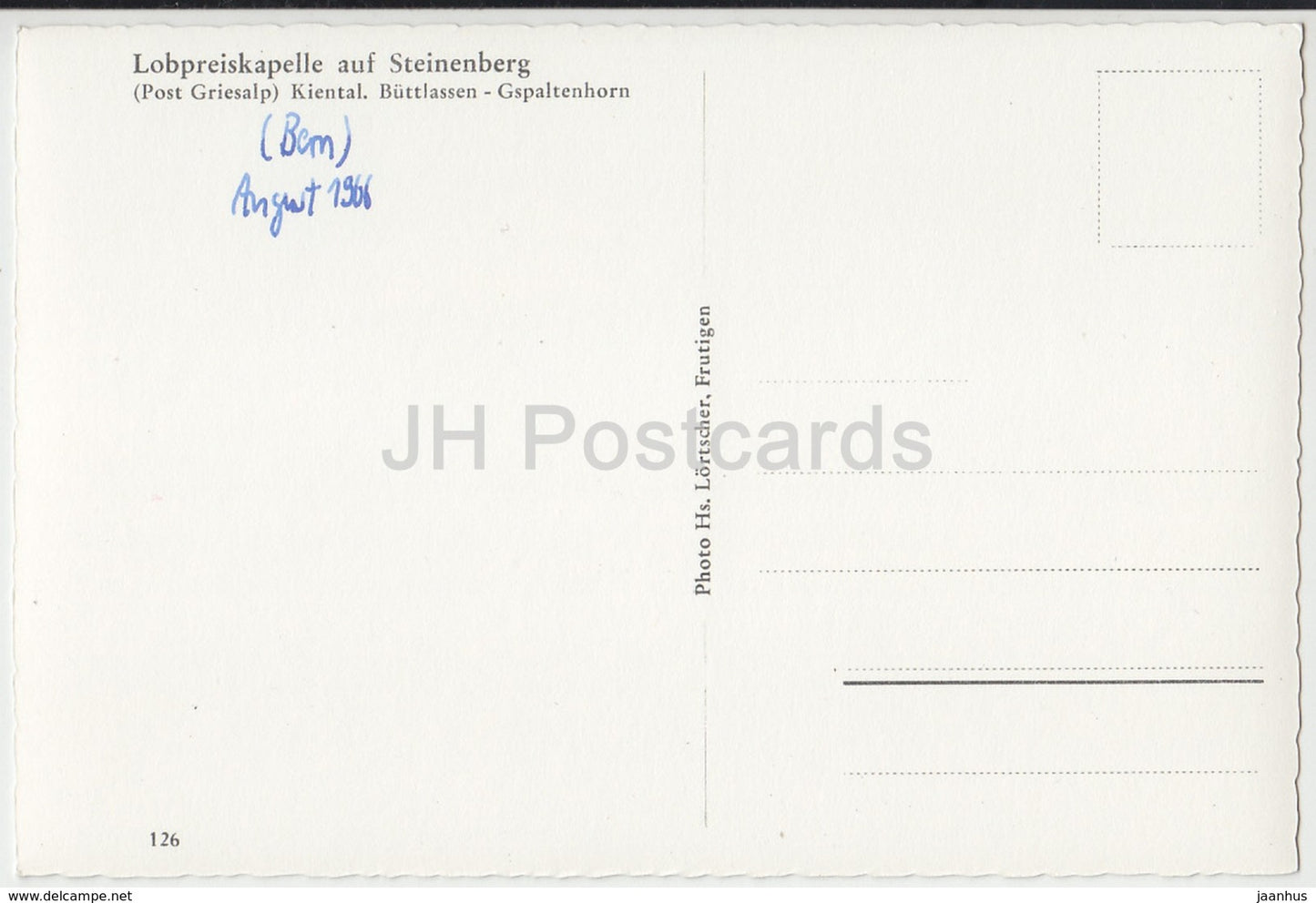 Lobpreiskapelle auf Steinenberg - Post Griesalp - Kiental. Buttlassen - Gspaltenhorn - 126 - Suisse - 1966 - occasion