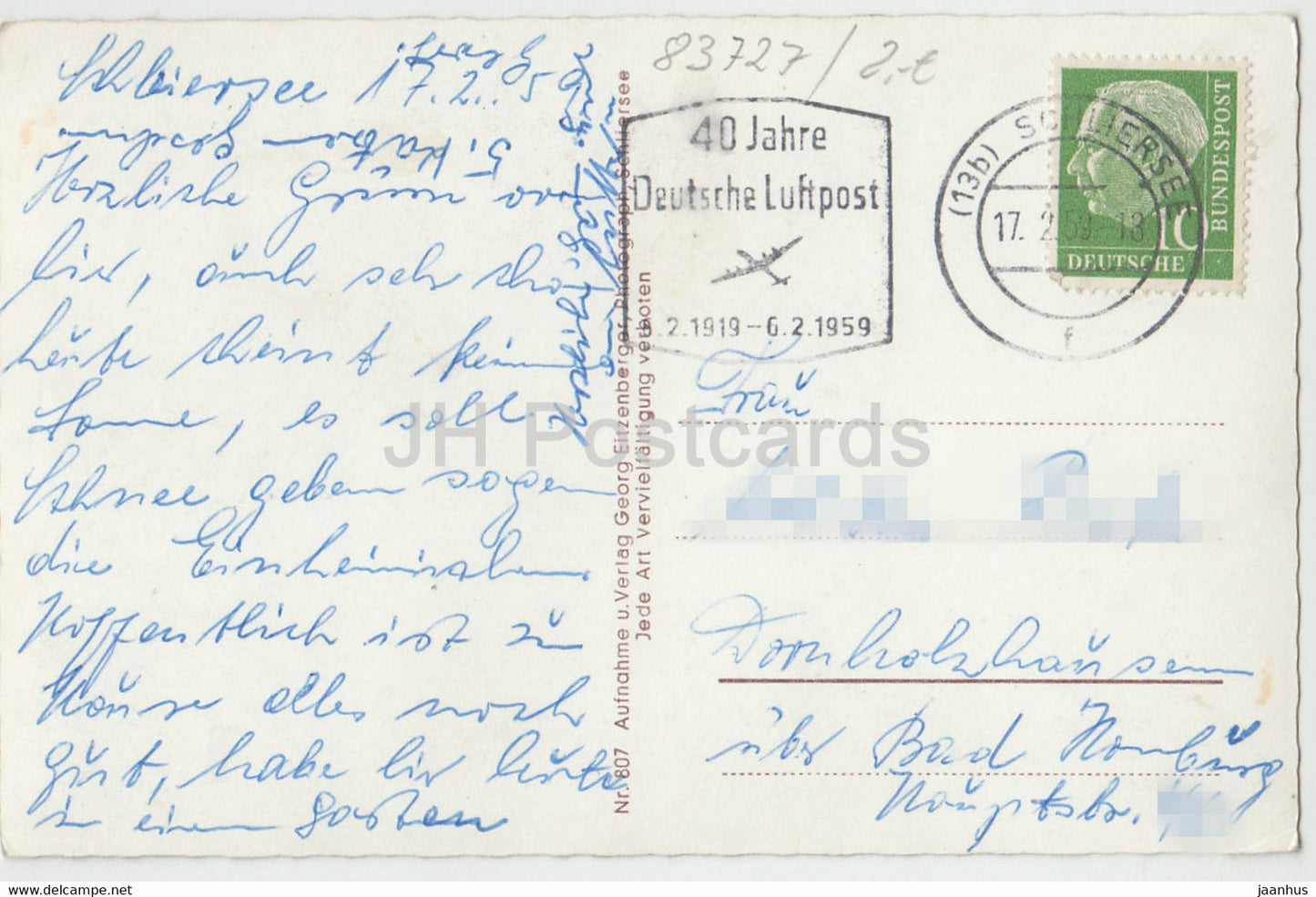 Schliersee mit Jagerkamp u Brecherspitze - 40 Jahre Deutsche Luftpost - 807 - 1959 - Allemagne - d'occasion