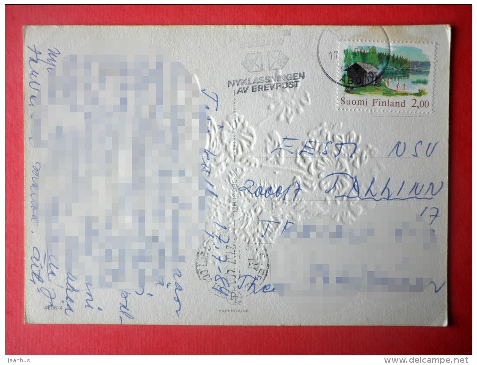 illustration - hare - bunny - rabbit - embossed - 4606/4 - Finland - sent from Finland Turku to Estonia USSR 1984 - JH Postcards