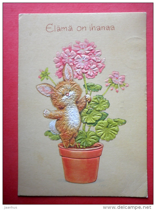 illustration - hare - bunny - rabbit - embossed - 4606/4 - Finland - sent from Finland Turku to Estonia USSR 1984 - JH Postcards