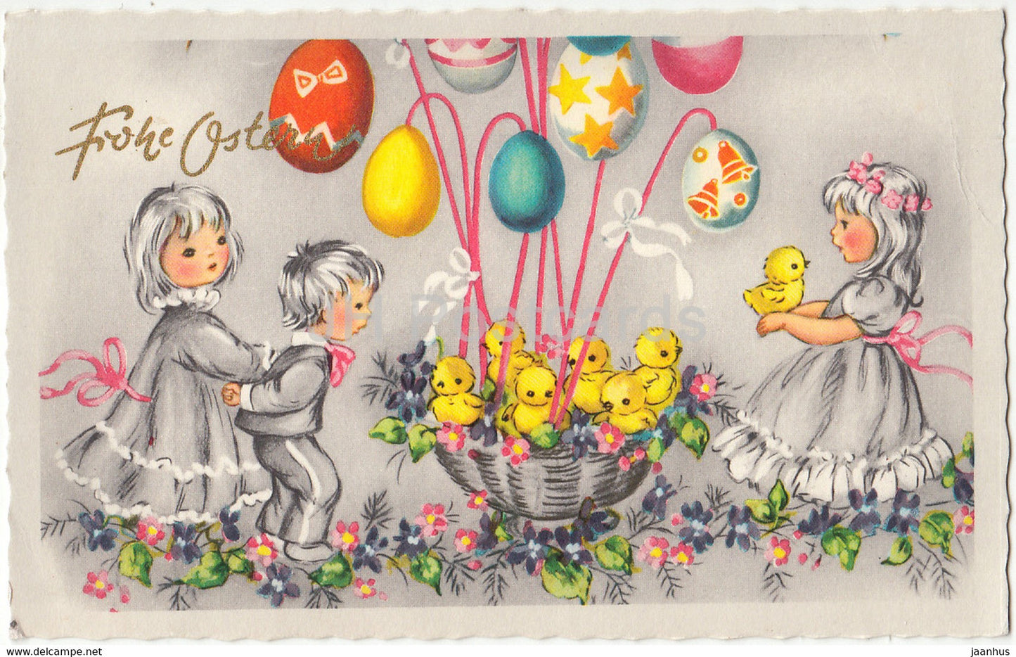 Easter Greeting Card - Frohe Ostern - children - chicken - illustration - old postcard - Austria - unused - JH Postcards