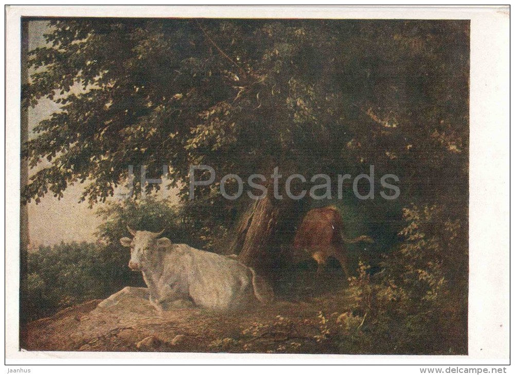 painting by M. Lebedev - Landscape with Cows - white cow - russian art - unused - JH Postcards