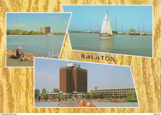 Greetings from lake Balaton - fishing - hotel - sailing boat - multiview - 1982 - Hungary - used - JH Postcards